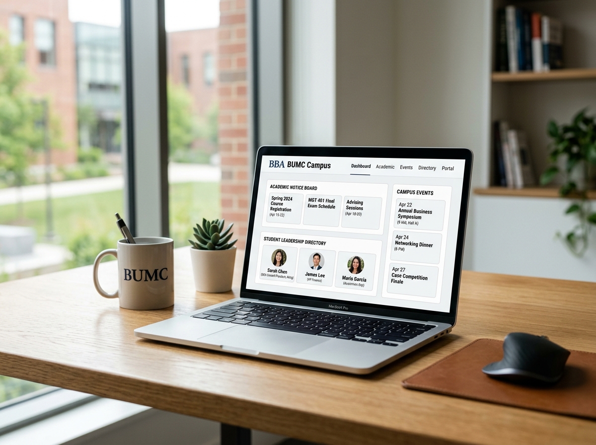 BBA BUMC Campus web portal displaying academic notice board and leadership directory
