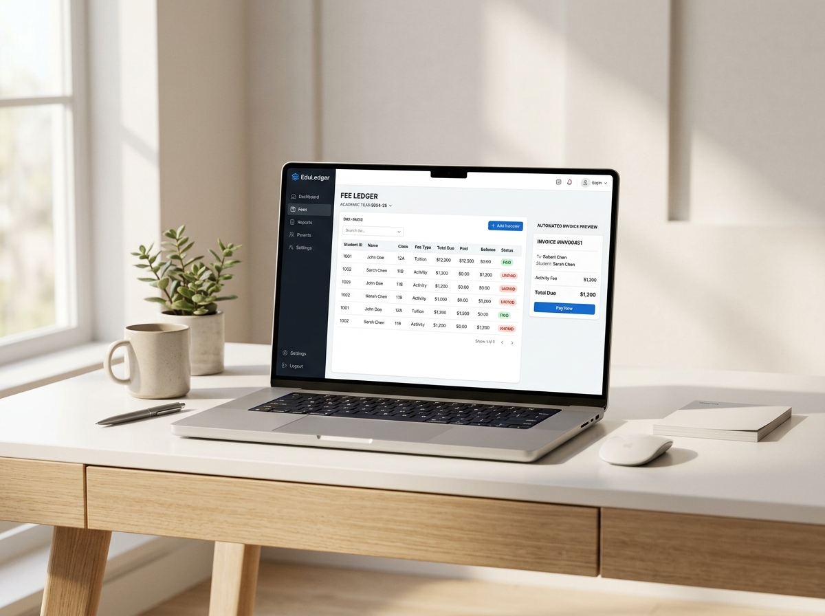 EduLedger school accounting and student fee management platform on laptop