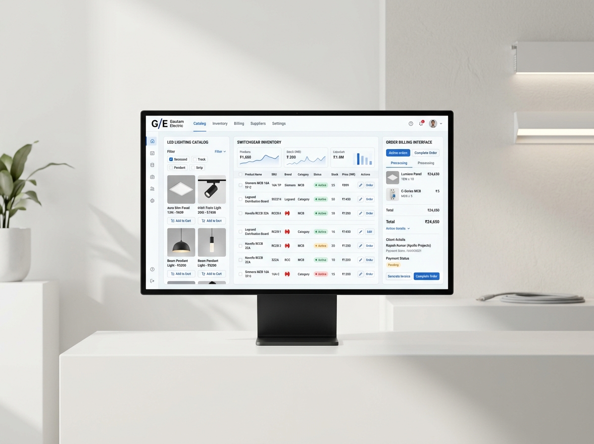 Gautam Electric web application displaying LED lighting catalog and switchgear inventory